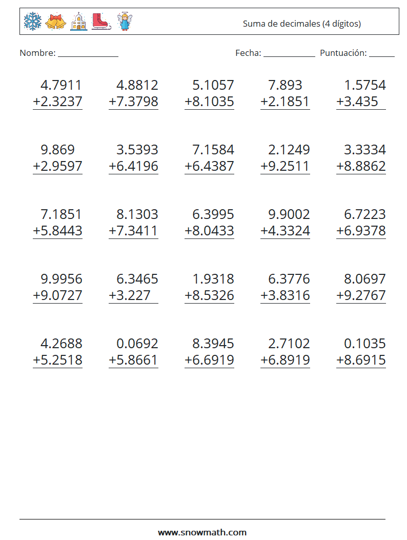 (25) Suma de decimales (4 dígitos) Hojas de trabajo de matemáticas 1