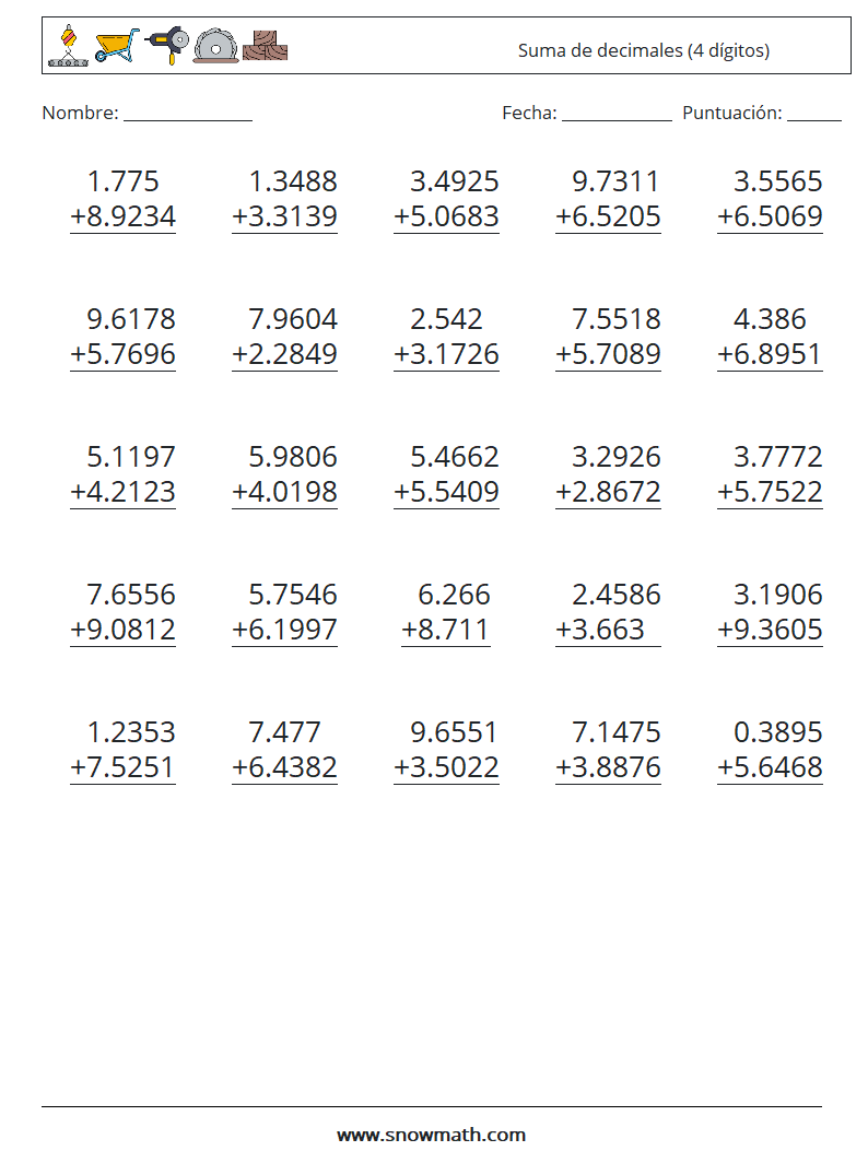 (25) Suma de decimales (4 dígitos) Hojas de trabajo de matemáticas 10