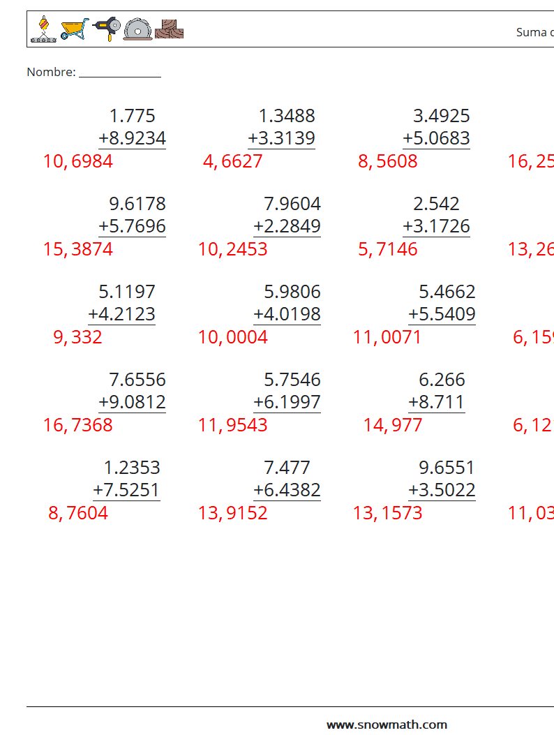 (25) Suma de decimales (4 dígitos) Hojas de trabajo de matemáticas 10 Pregunta, respuesta