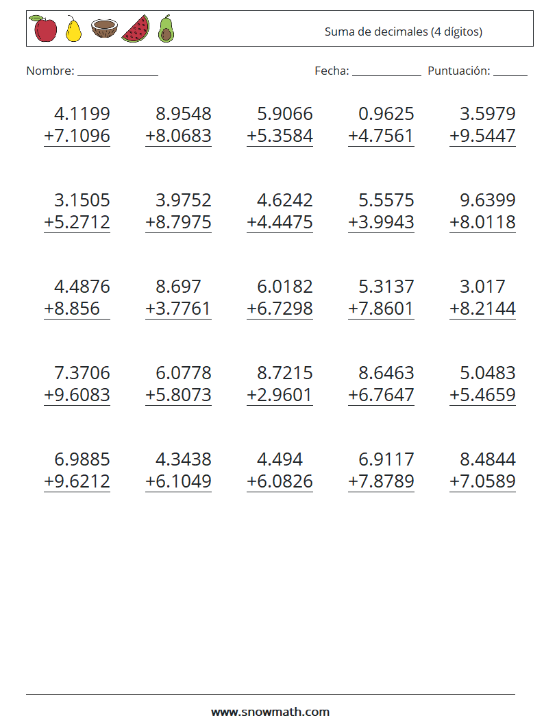 (25) Suma de decimales (4 dígitos) Hojas de trabajo de matemáticas 11