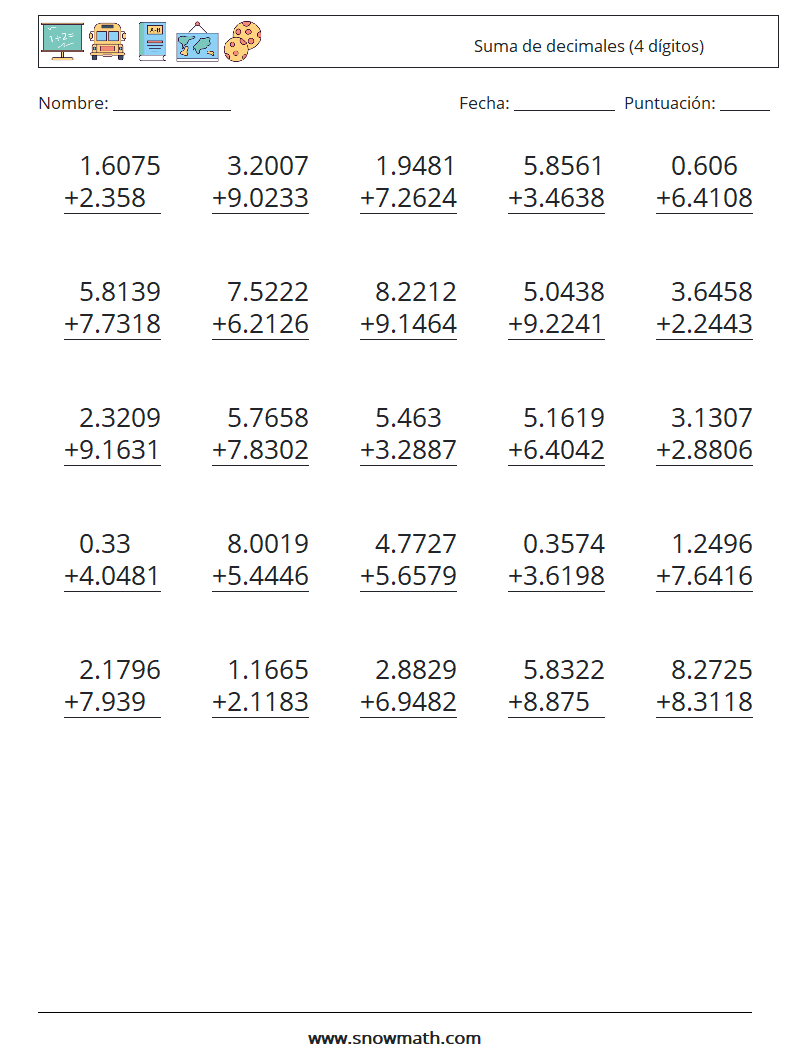 (25) Suma de decimales (4 dígitos) Hojas de trabajo de matemáticas 12