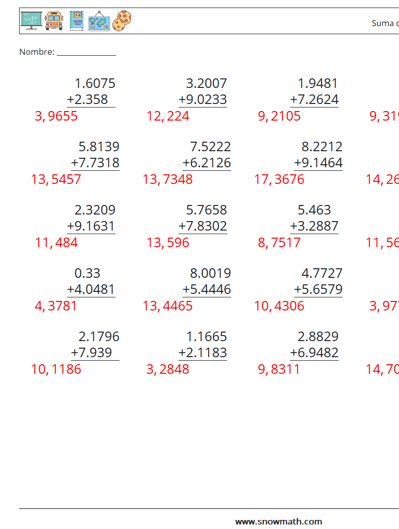 (25) Suma de decimales (4 dígitos) Hojas de trabajo de matemáticas 12 Pregunta, respuesta