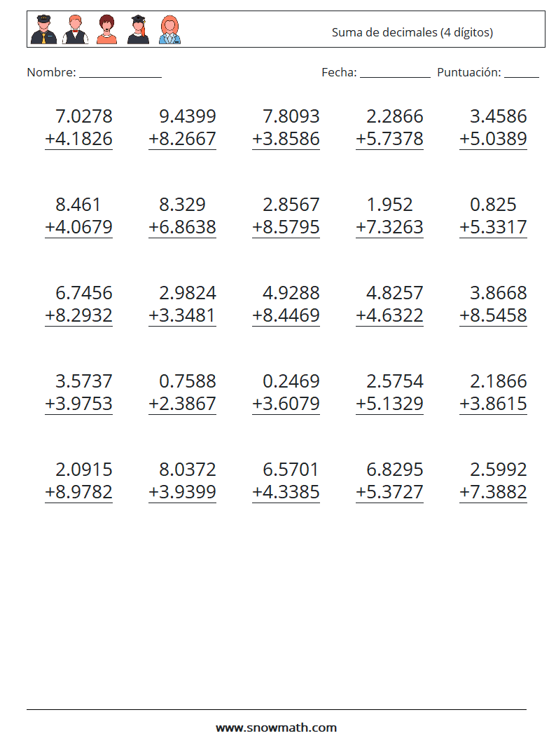 (25) Suma de decimales (4 dígitos) Hojas de trabajo de matemáticas 13