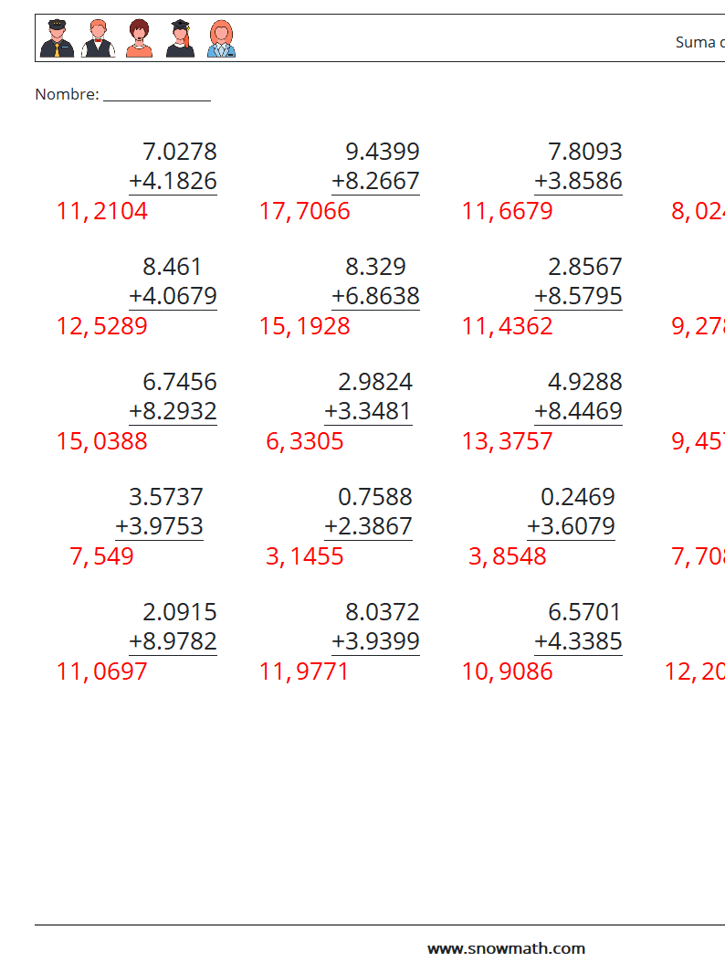 (25) Suma de decimales (4 dígitos) Hojas de trabajo de matemáticas 13 Pregunta, respuesta