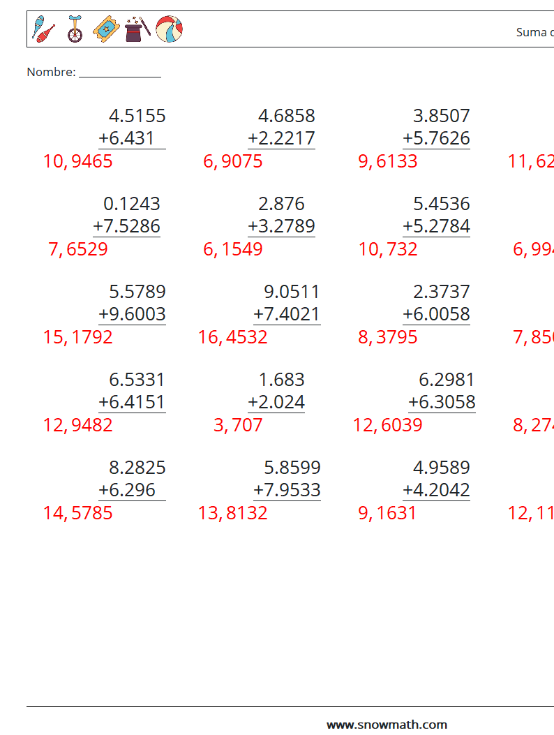 (25) Suma de decimales (4 dígitos) Hojas de trabajo de matemáticas 14 Pregunta, respuesta