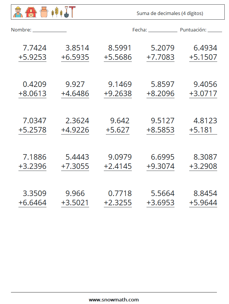 (25) Suma de decimales (4 dígitos) Hojas de trabajo de matemáticas 15