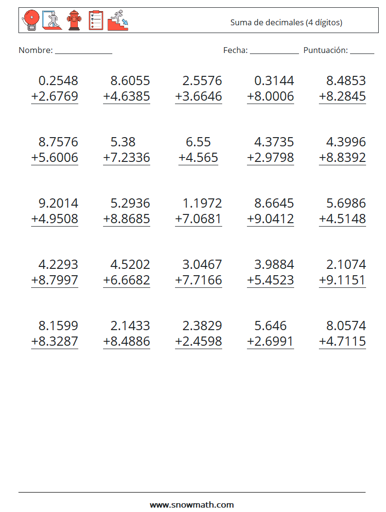 (25) Suma de decimales (4 dígitos) Hojas de trabajo de matemáticas 16