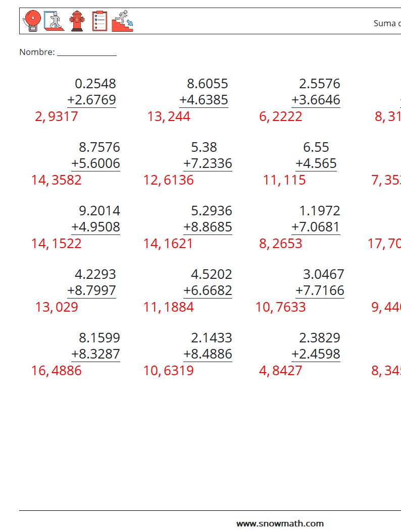 (25) Suma de decimales (4 dígitos) Hojas de trabajo de matemáticas 16 Pregunta, respuesta