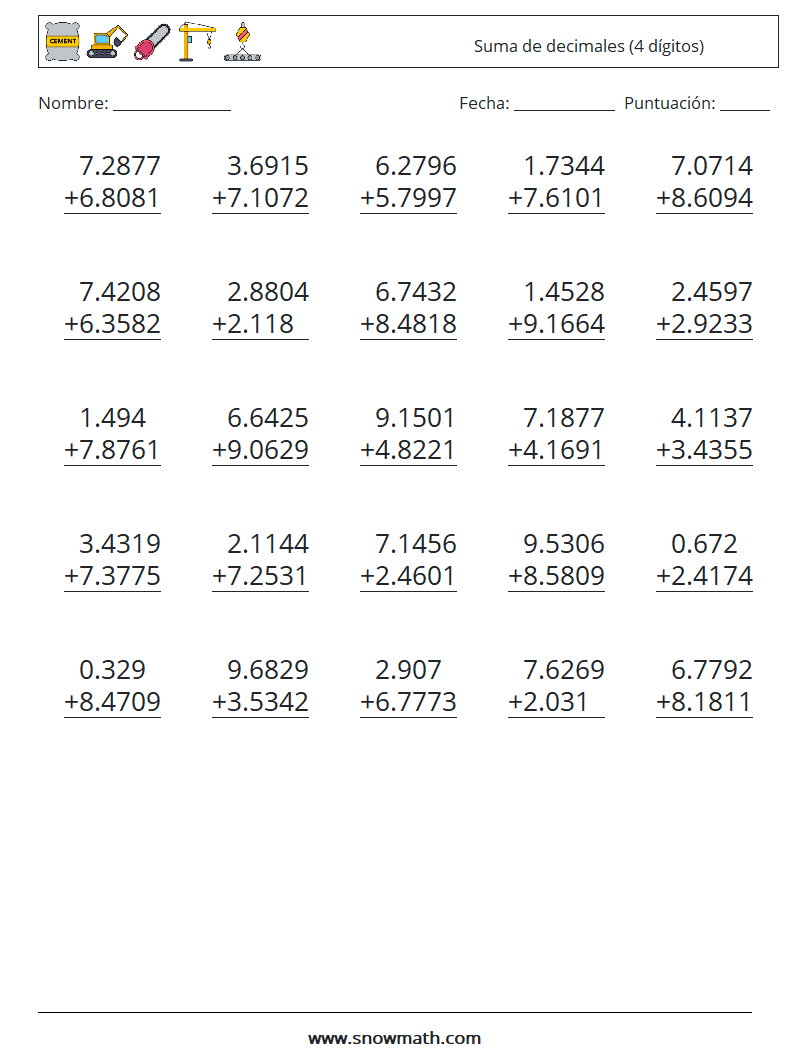 (25) Suma de decimales (4 dígitos) Hojas de trabajo de matemáticas 18