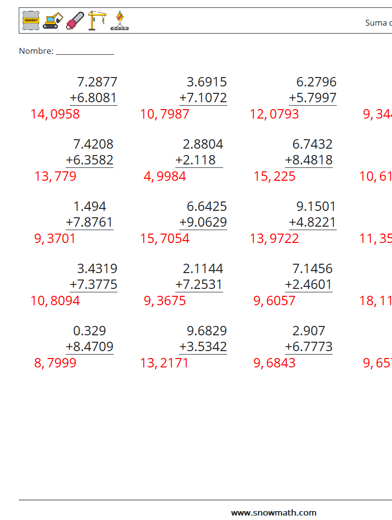 (25) Suma de decimales (4 dígitos) Hojas de trabajo de matemáticas 18 Pregunta, respuesta