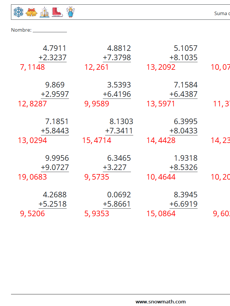 (25) Suma de decimales (4 dígitos) Hojas de trabajo de matemáticas 1 Pregunta, respuesta