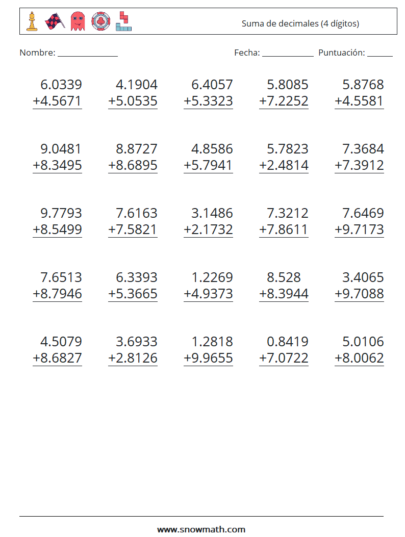 (25) Suma de decimales (4 dígitos) Hojas de trabajo de matemáticas 2