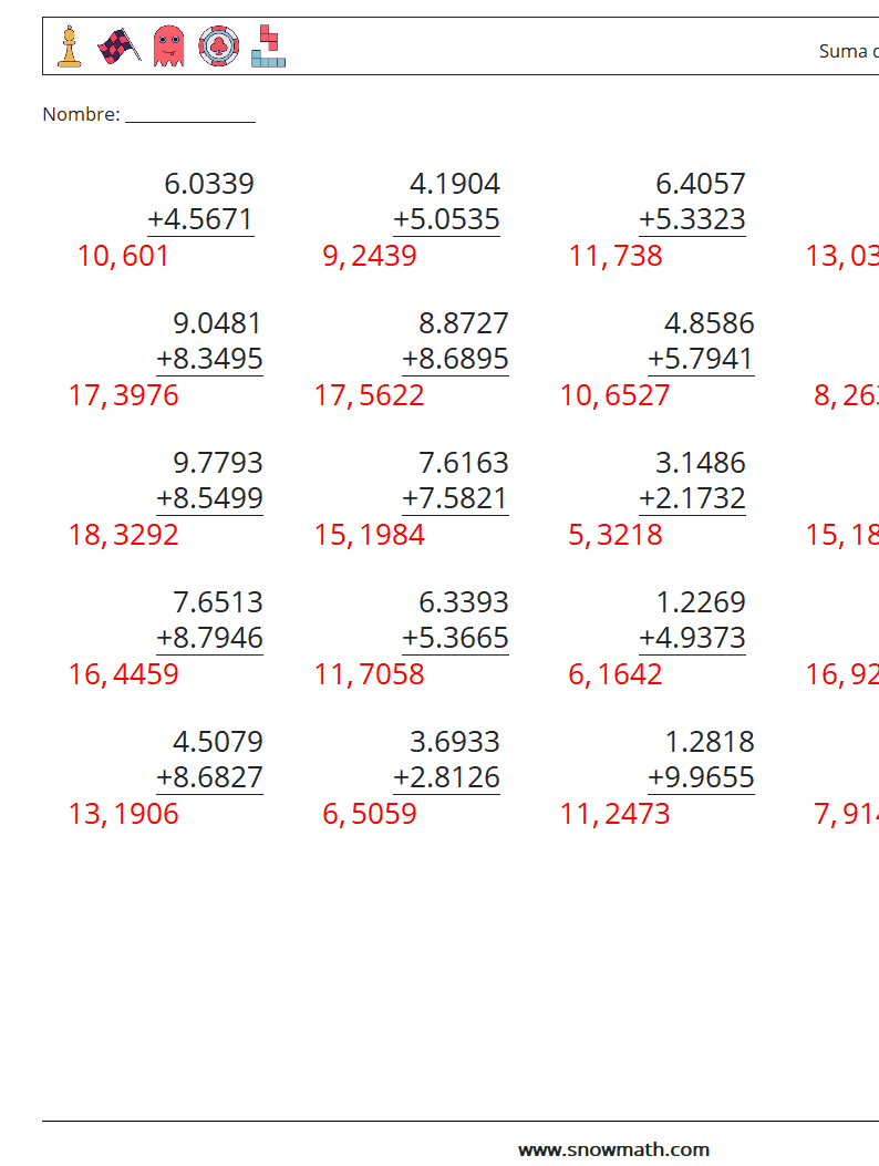 (25) Suma de decimales (4 dígitos) Hojas de trabajo de matemáticas 2 Pregunta, respuesta