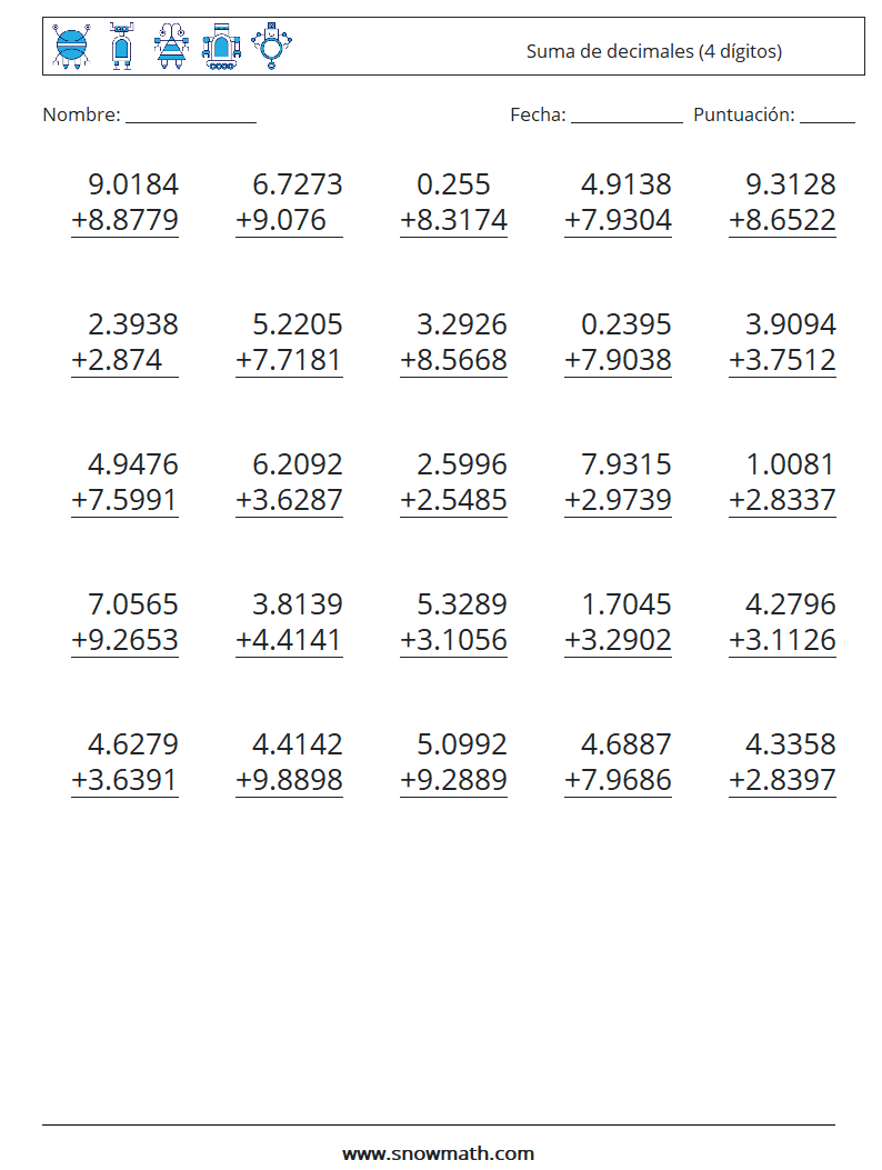 (25) Suma de decimales (4 dígitos) Hojas de trabajo de matemáticas 3