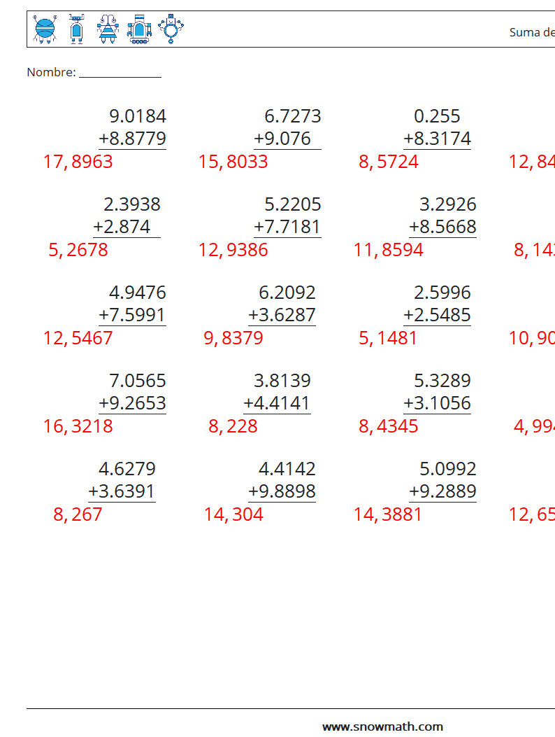 (25) Suma de decimales (4 dígitos) Hojas de trabajo de matemáticas 3 Pregunta, respuesta