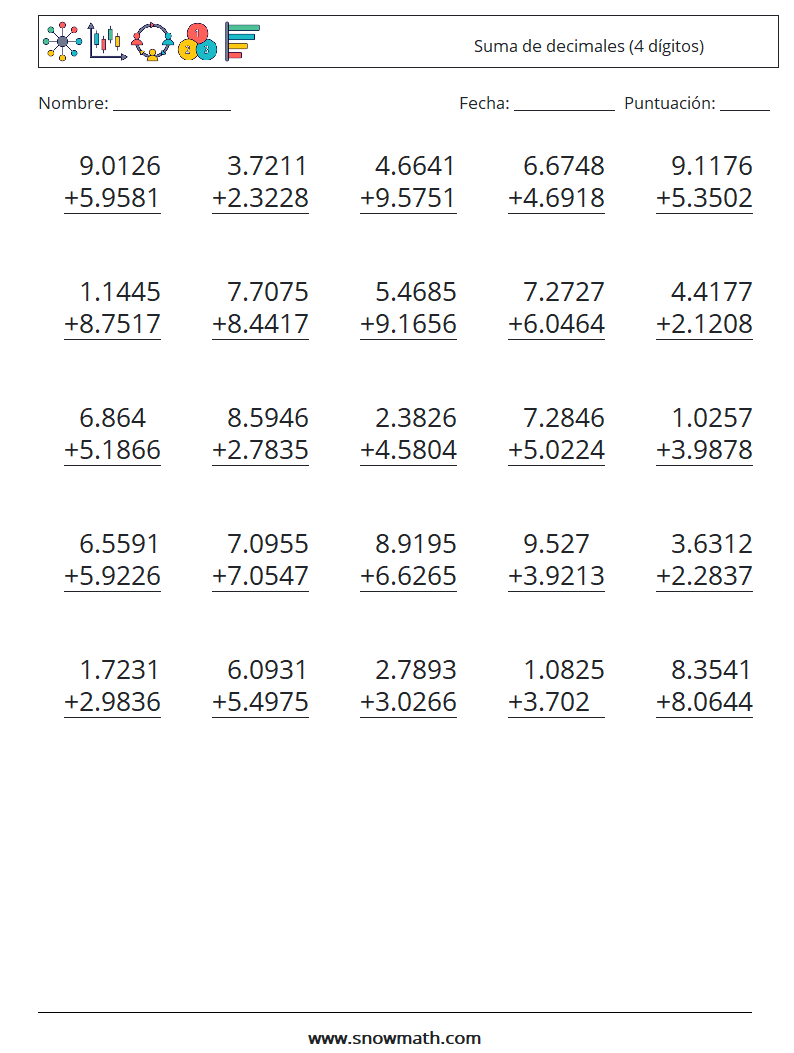 (25) Suma de decimales (4 dígitos) Hojas de trabajo de matemáticas 4