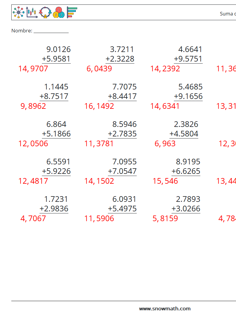 (25) Suma de decimales (4 dígitos) Hojas de trabajo de matemáticas 4 Pregunta, respuesta