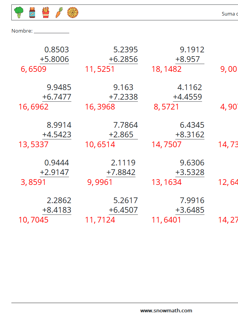 (25) Suma de decimales (4 dígitos) Hojas de trabajo de matemáticas 5 Pregunta, respuesta