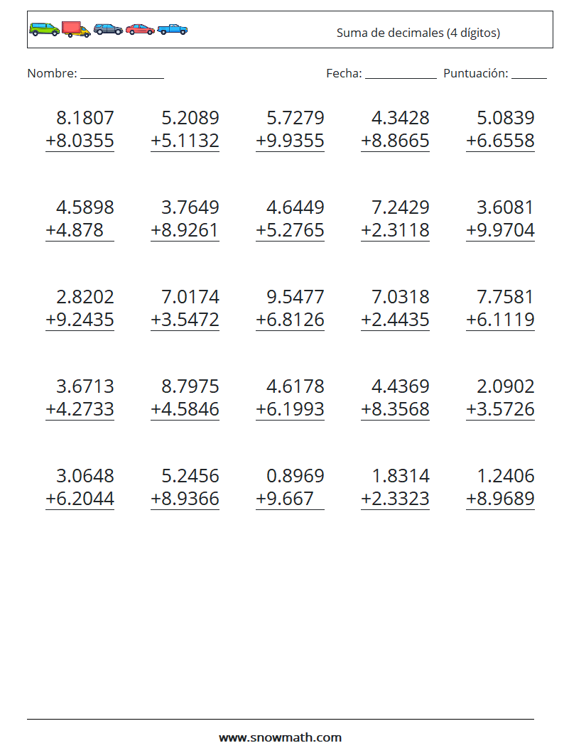 (25) Suma de decimales (4 dígitos) Hojas de trabajo de matemáticas 6