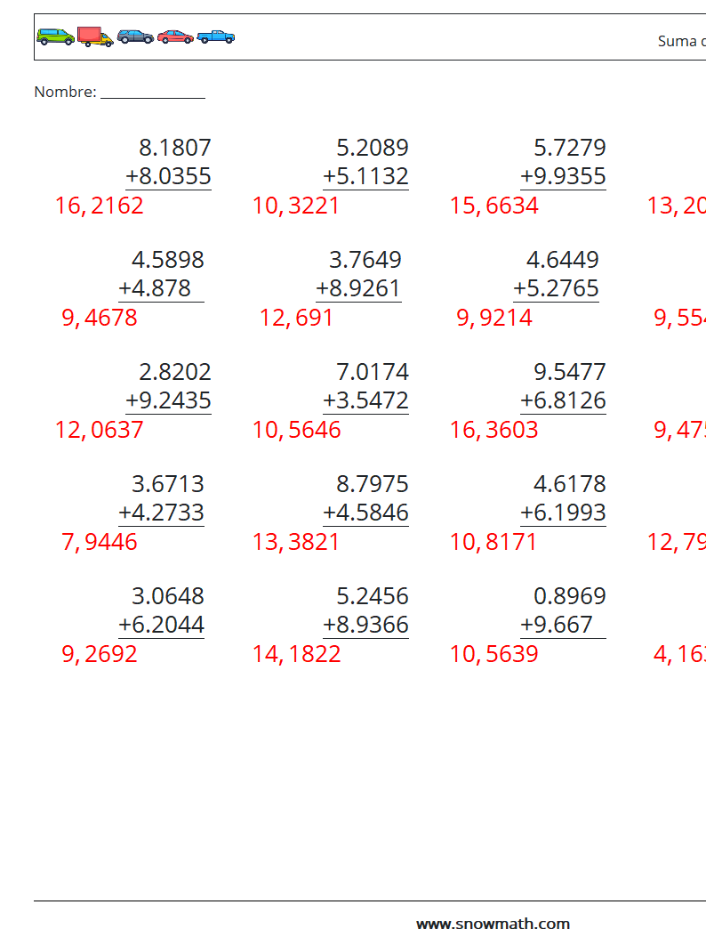 (25) Suma de decimales (4 dígitos) Hojas de trabajo de matemáticas 6 Pregunta, respuesta