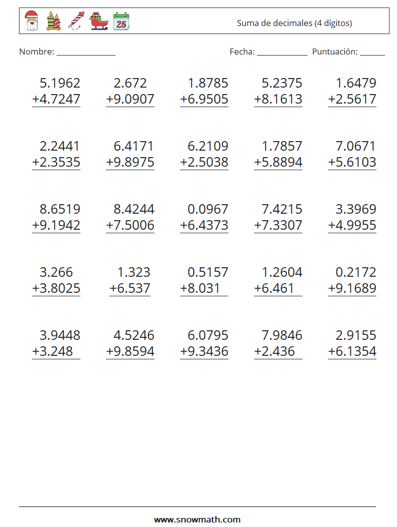 (25) Suma de decimales (4 dígitos) Hojas de trabajo de matemáticas 7