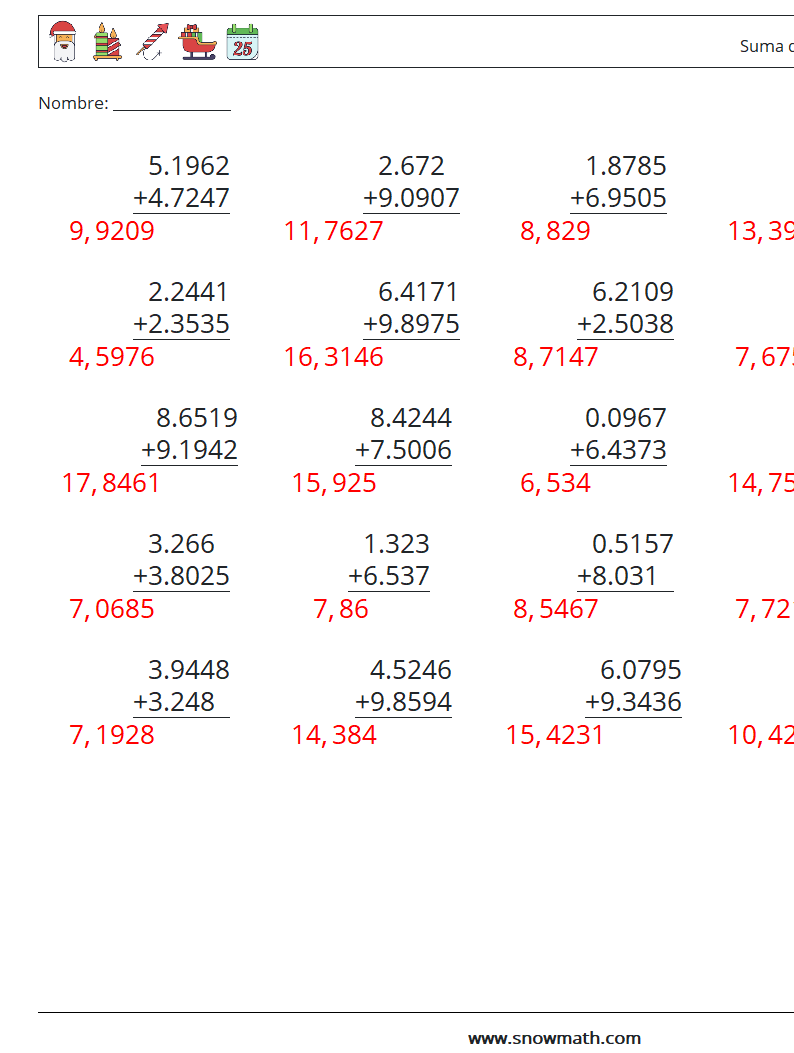 (25) Suma de decimales (4 dígitos) Hojas de trabajo de matemáticas 7 Pregunta, respuesta