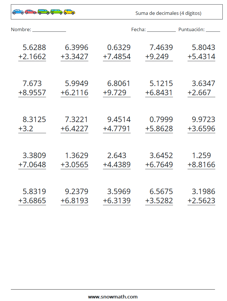 (25) Suma de decimales (4 dígitos) Hojas de trabajo de matemáticas 8