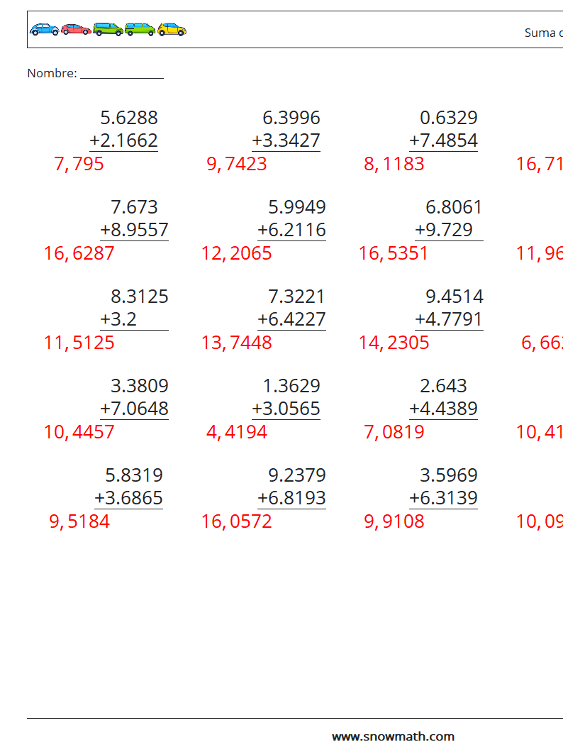 (25) Suma de decimales (4 dígitos) Hojas de trabajo de matemáticas 8 Pregunta, respuesta