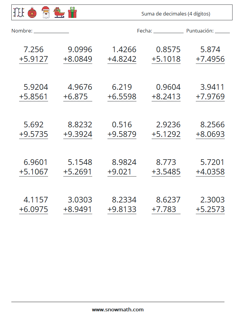 (25) Suma de decimales (4 dígitos) Hojas de trabajo de matemáticas 9