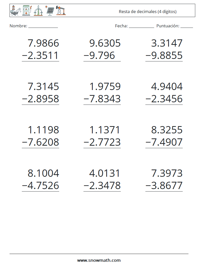 (12) Resta de decimales (4 dígitos) Hojas de trabajo de matemáticas 1