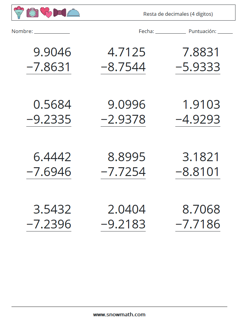 (12) Resta de decimales (4 dígitos) Hojas de trabajo de matemáticas 10