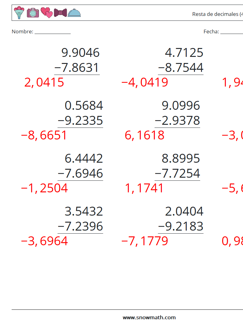 (12) Resta de decimales (4 dígitos) Hojas de trabajo de matemáticas 10 Pregunta, respuesta