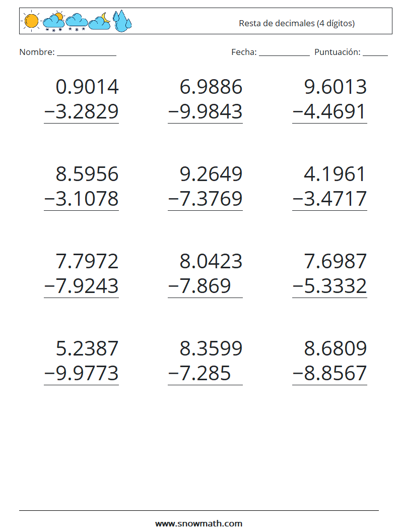 (12) Resta de decimales (4 dígitos) Hojas de trabajo de matemáticas 11