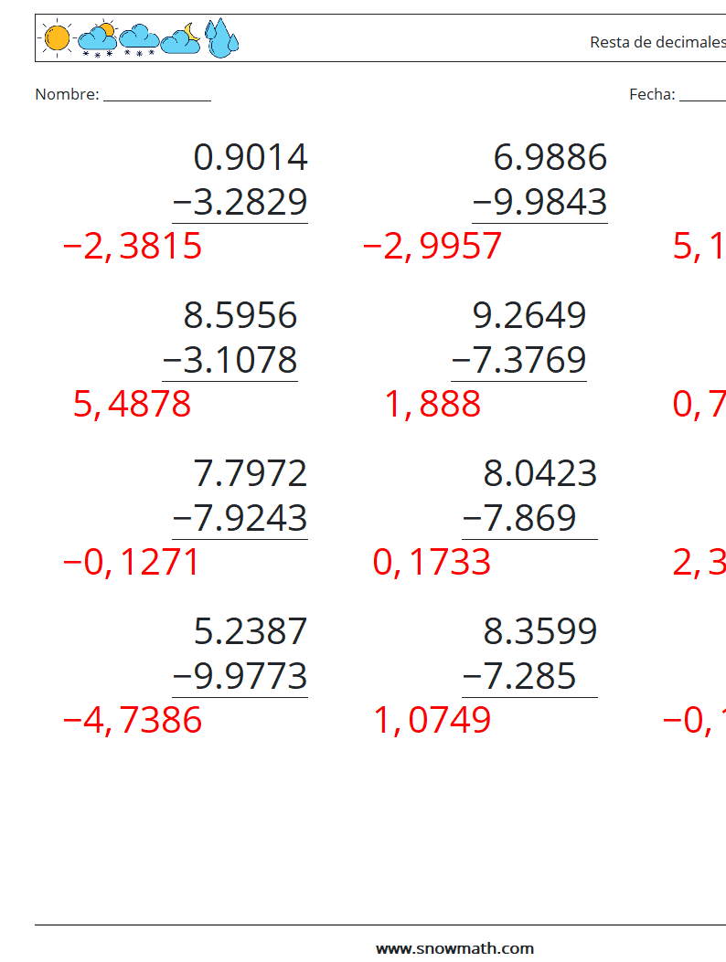 (12) Resta de decimales (4 dígitos) Hojas de trabajo de matemáticas 11 Pregunta, respuesta