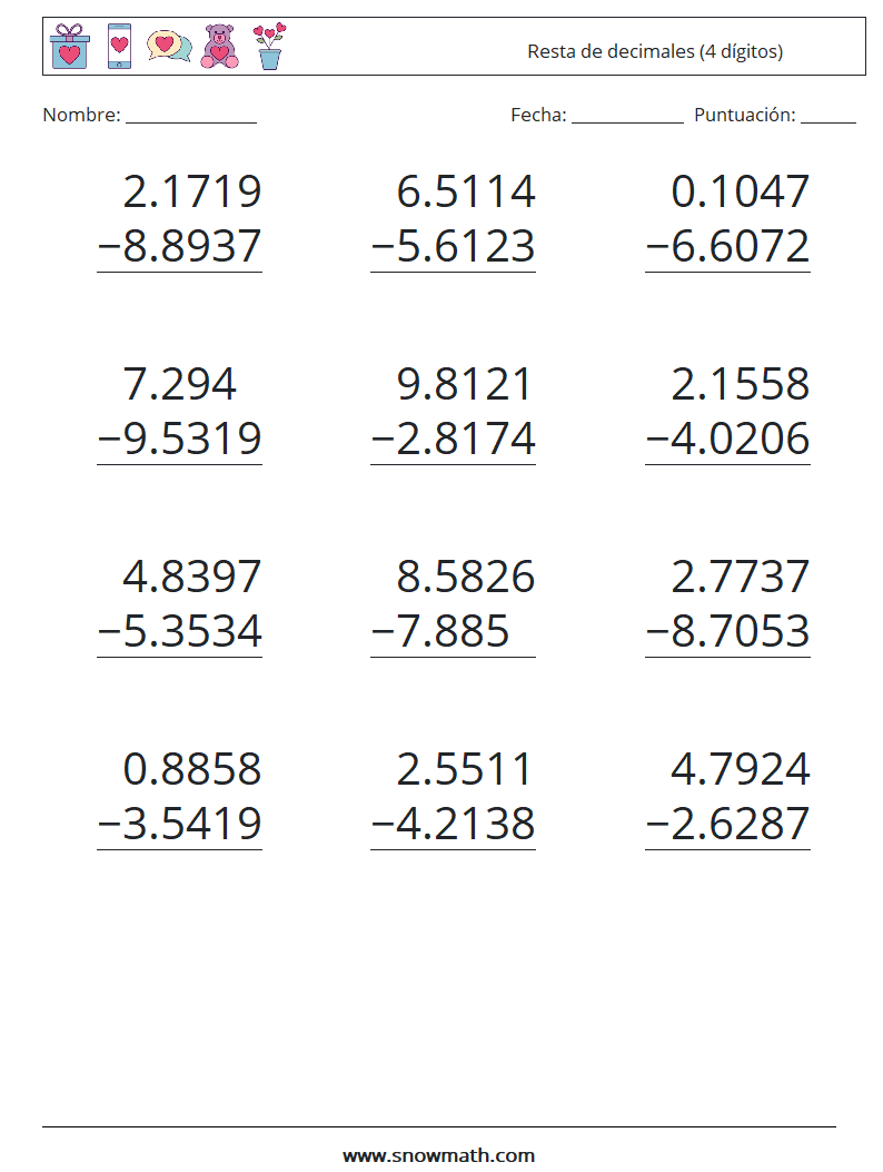 (12) Resta de decimales (4 dígitos) Hojas de trabajo de matemáticas 12