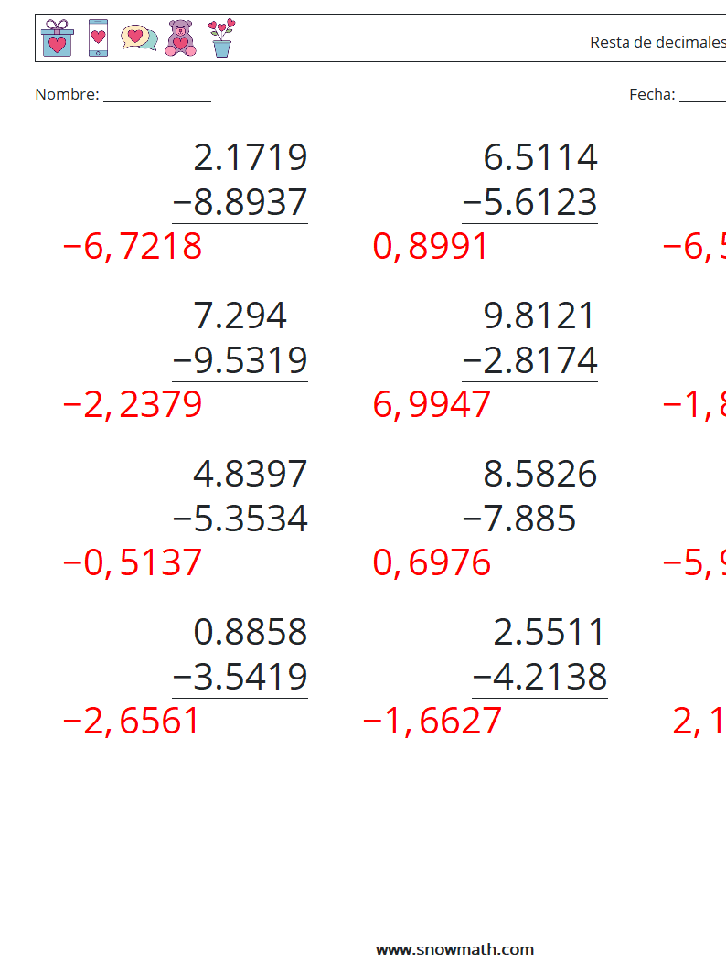 (12) Resta de decimales (4 dígitos) Hojas de trabajo de matemáticas 12 Pregunta, respuesta