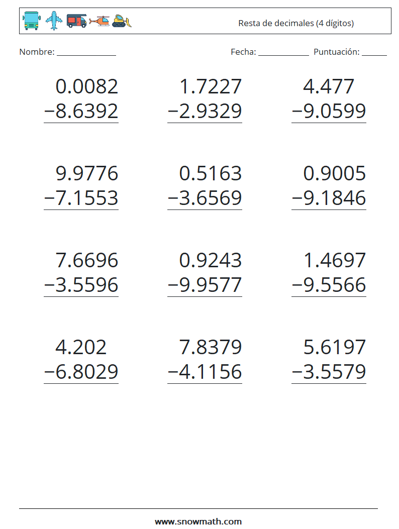 (12) Resta de decimales (4 dígitos) Hojas de trabajo de matemáticas 13