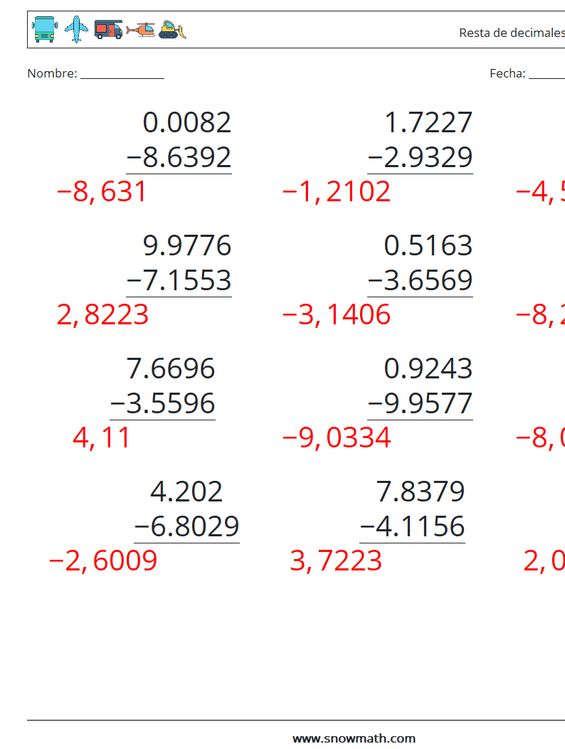 (12) Resta de decimales (4 dígitos) Hojas de trabajo de matemáticas 13 Pregunta, respuesta