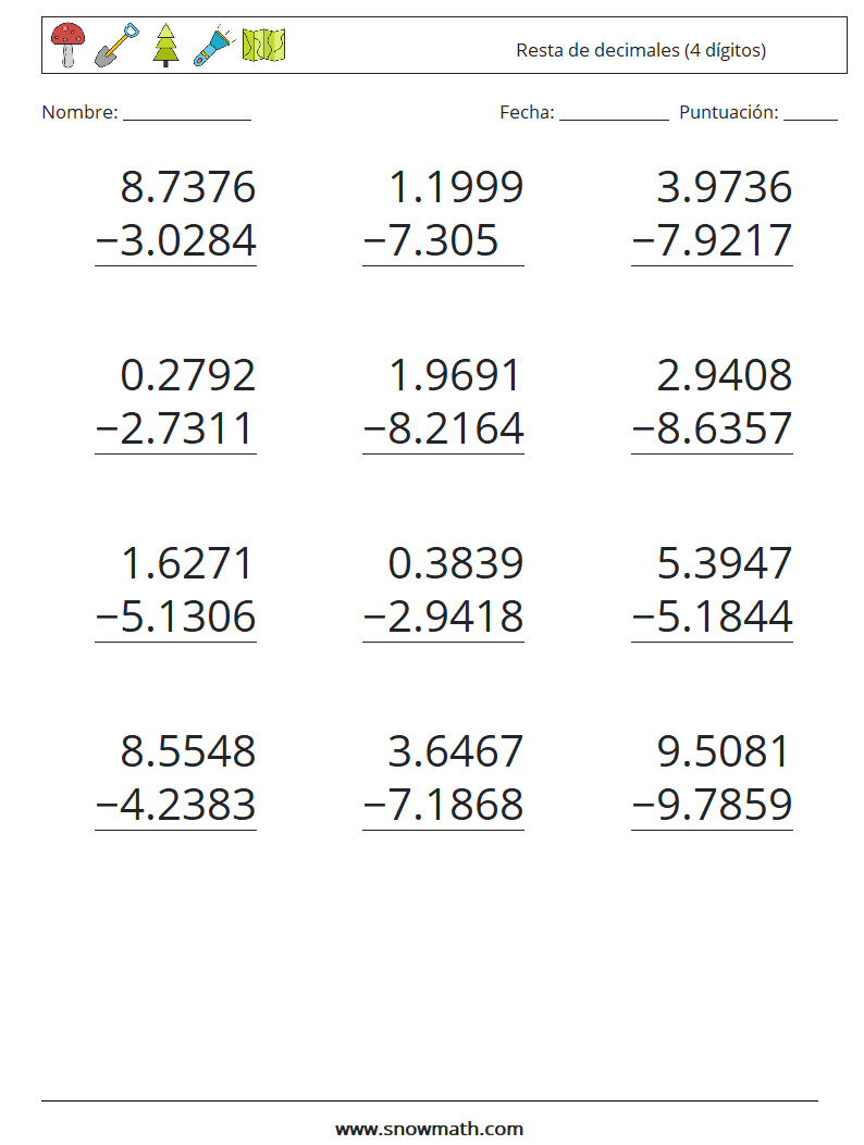 (12) Resta de decimales (4 dígitos) Hojas de trabajo de matemáticas 14