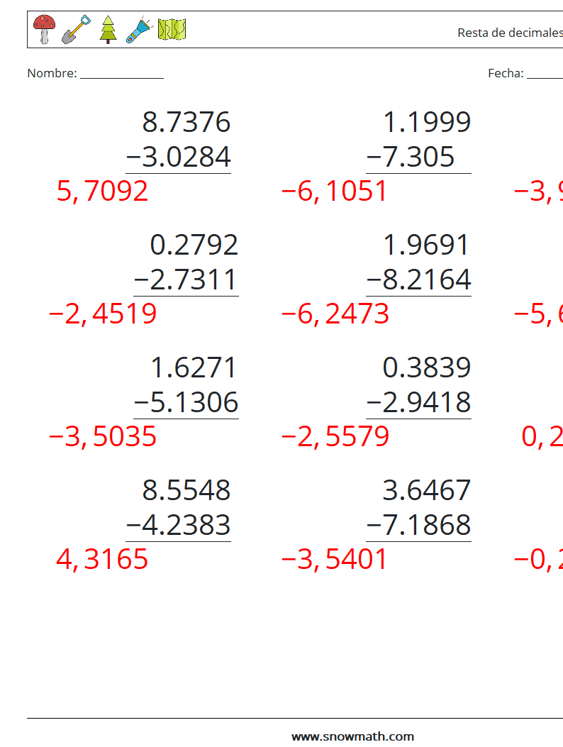 (12) Resta de decimales (4 dígitos) Hojas de trabajo de matemáticas 14 Pregunta, respuesta