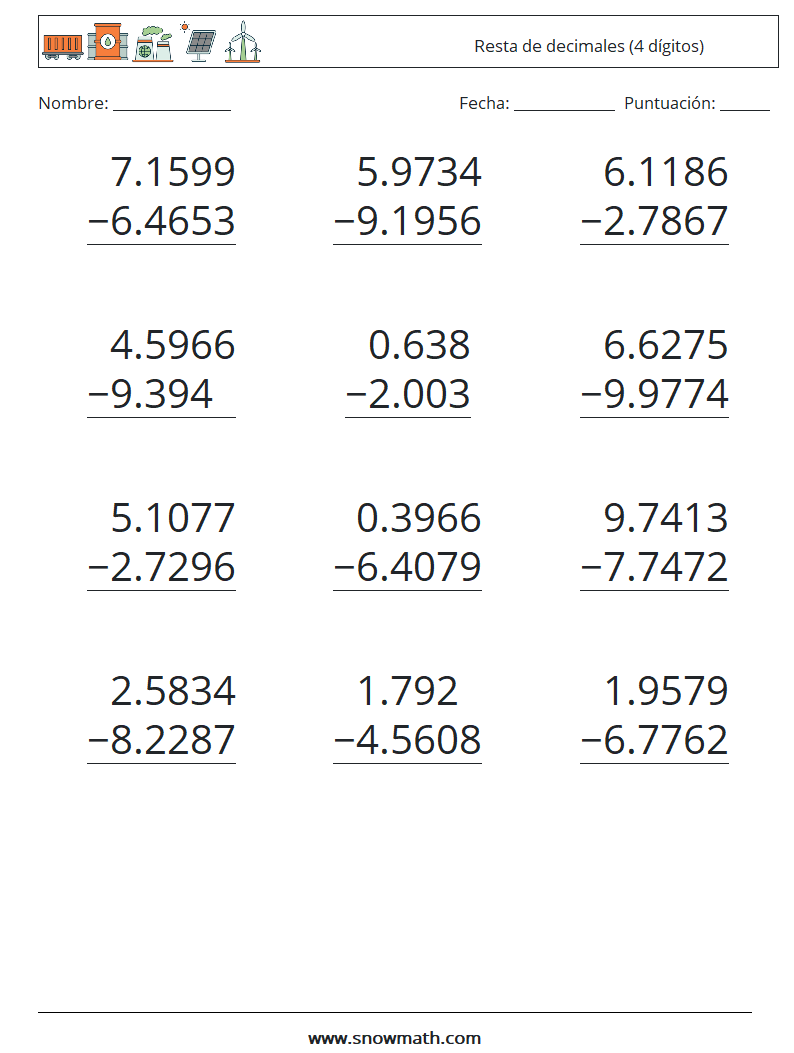 (12) Resta de decimales (4 dígitos) Hojas de trabajo de matemáticas 15