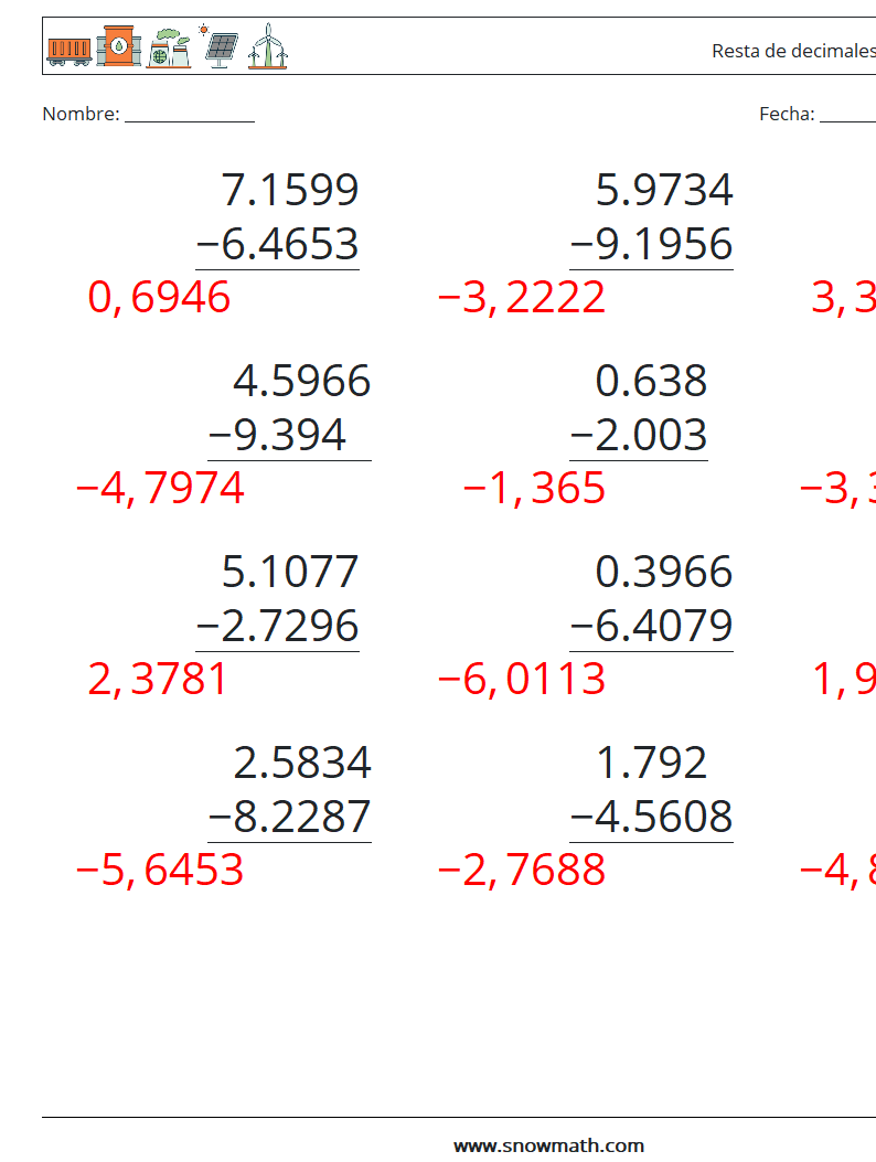 (12) Resta de decimales (4 dígitos) Hojas de trabajo de matemáticas 15 Pregunta, respuesta