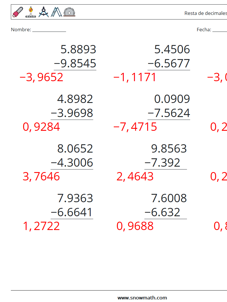 (12) Resta de decimales (4 dígitos) Hojas de trabajo de matemáticas 16 Pregunta, respuesta