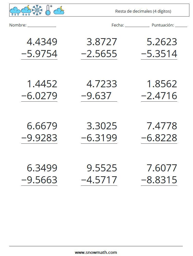 (12) Resta de decimales (4 dígitos) Hojas de trabajo de matemáticas 17