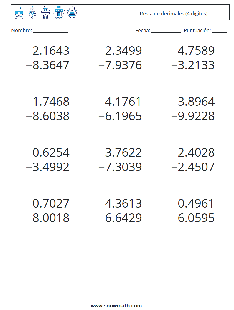 (12) Resta de decimales (4 dígitos) Hojas de trabajo de matemáticas 18