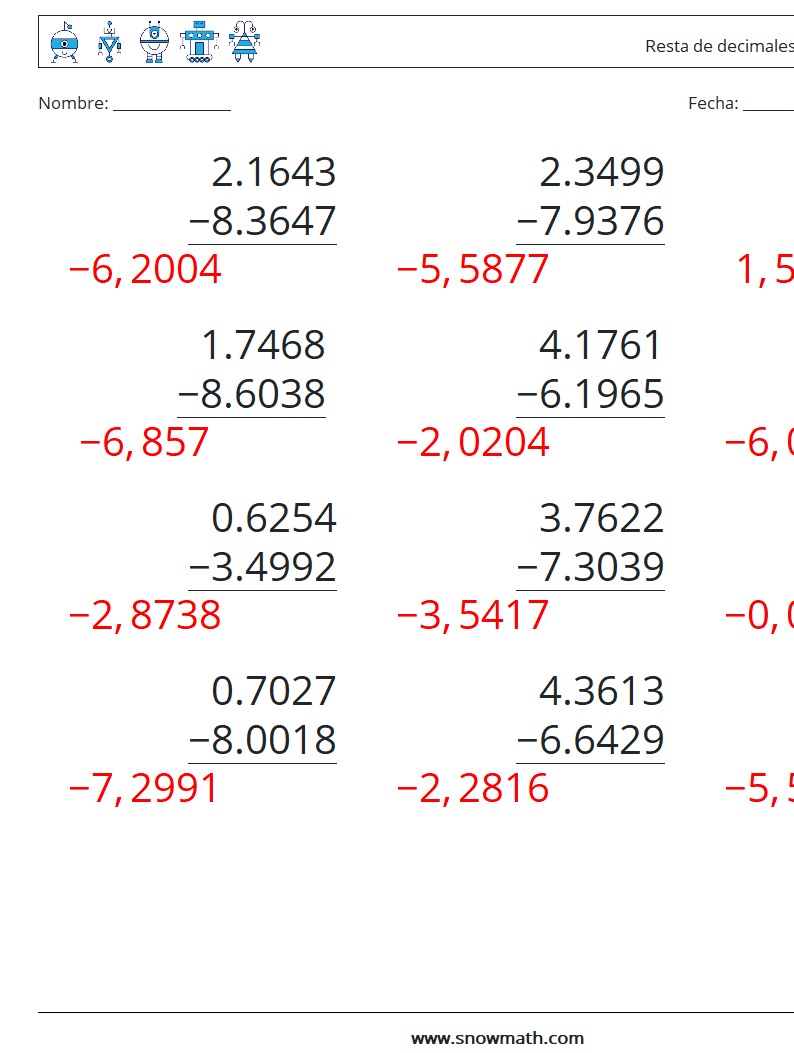 (12) Resta de decimales (4 dígitos) Hojas de trabajo de matemáticas 18 Pregunta, respuesta