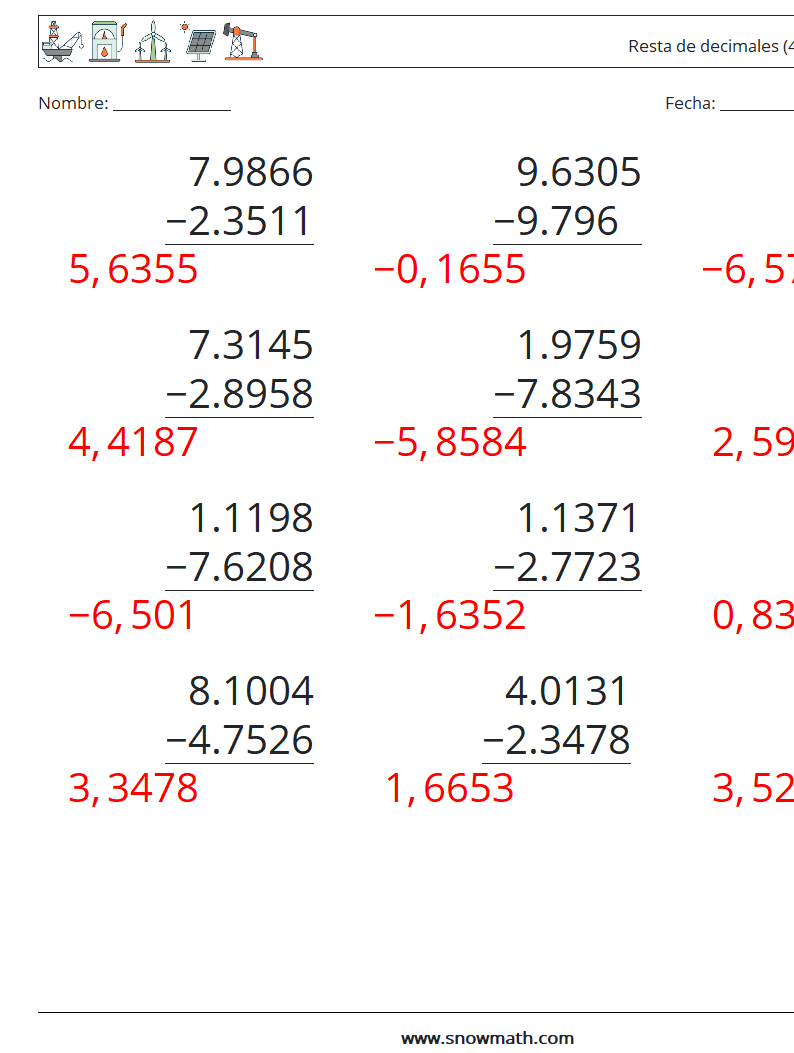 (12) Resta de decimales (4 dígitos) Hojas de trabajo de matemáticas 1 Pregunta, respuesta