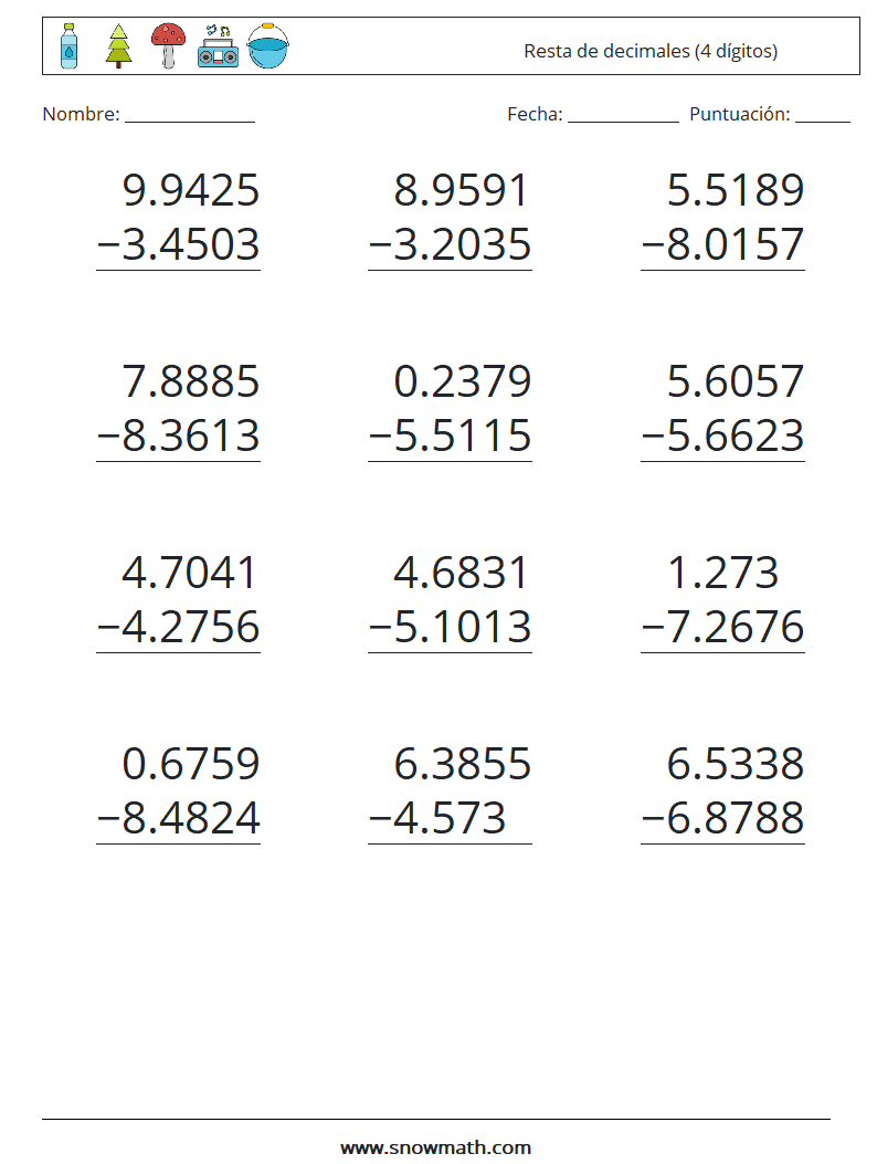 (12) Resta de decimales (4 dígitos) Hojas de trabajo de matemáticas 2