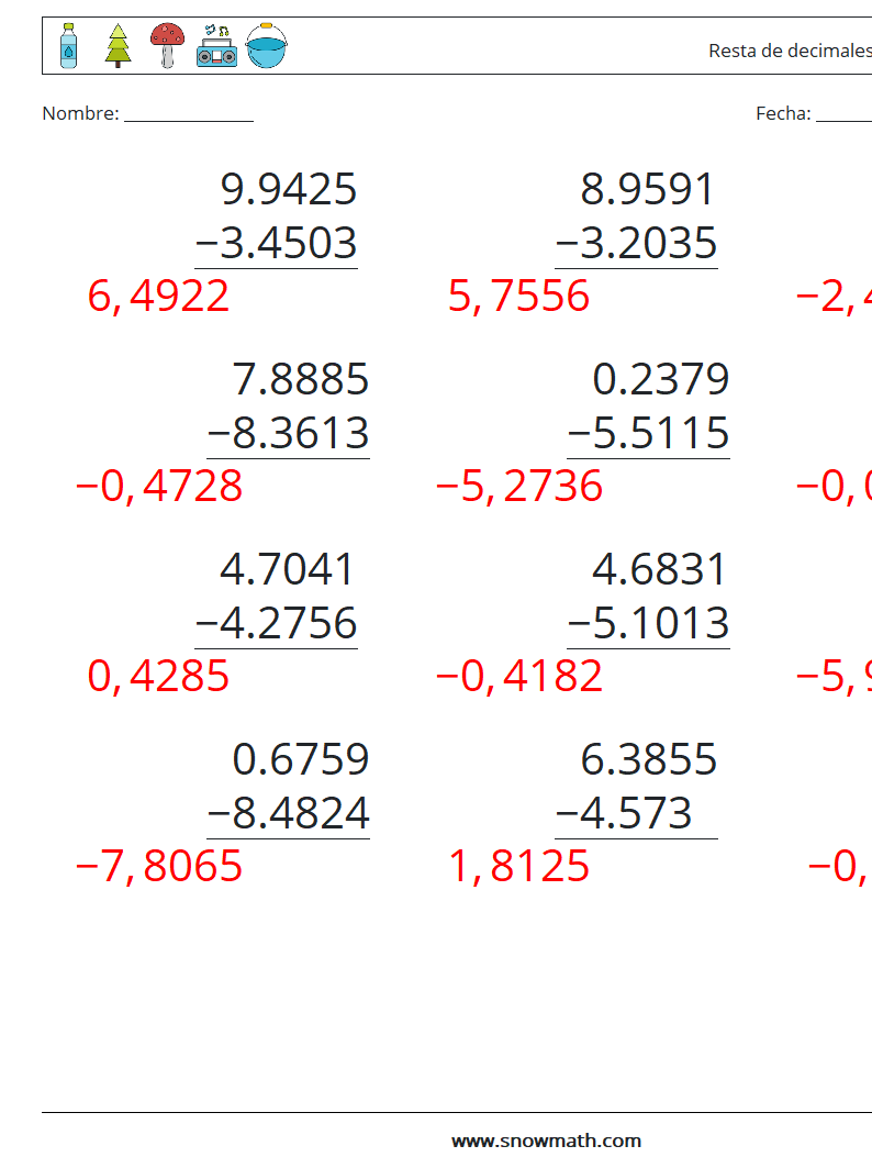 (12) Resta de decimales (4 dígitos) Hojas de trabajo de matemáticas 2 Pregunta, respuesta