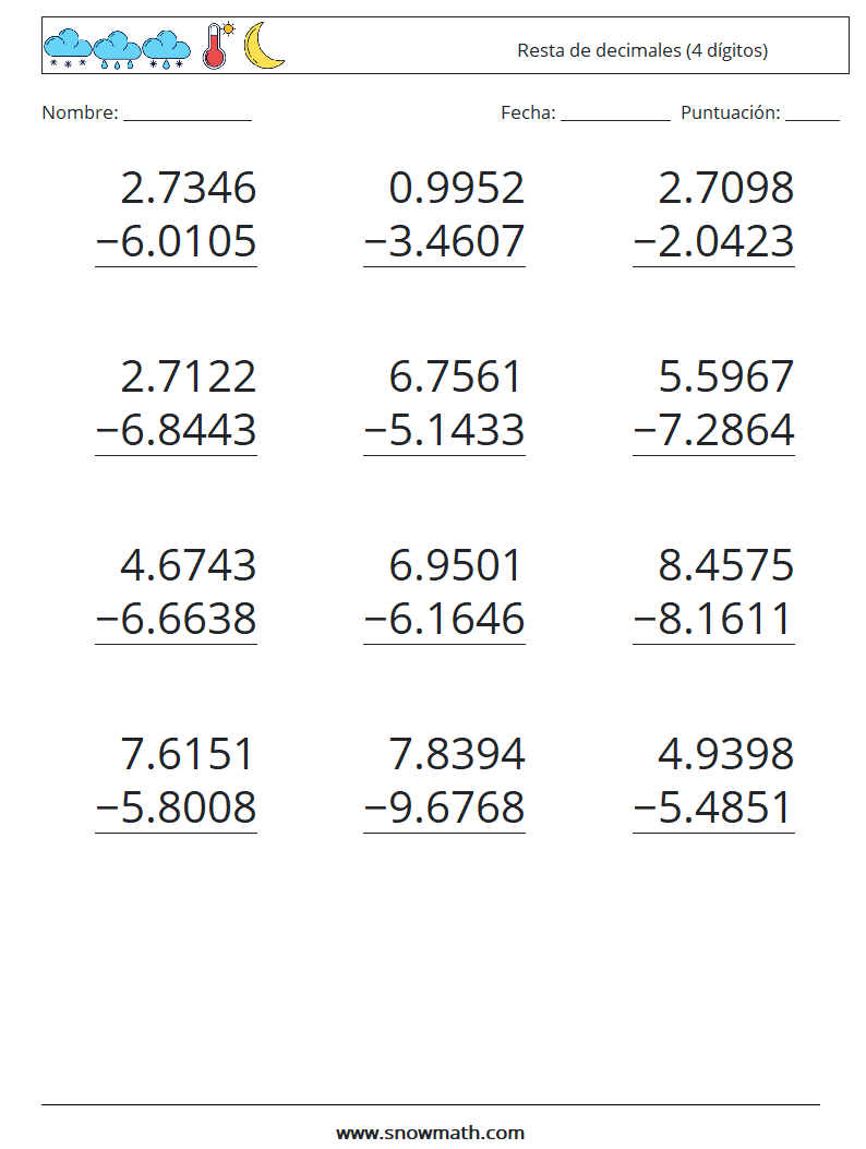 (12) Resta de decimales (4 dígitos) Hojas de trabajo de matemáticas 3